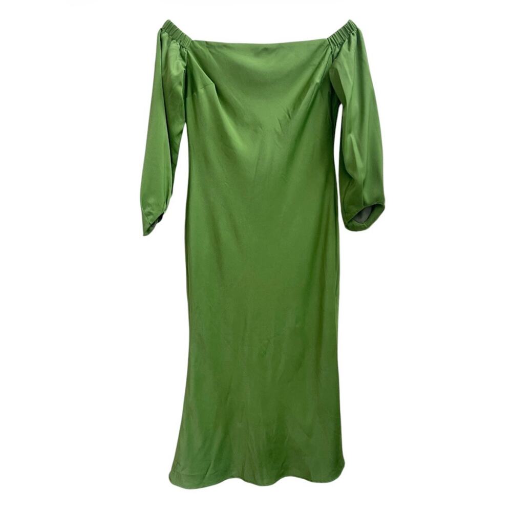 Banana Republic Green Satin Midi Dress Off Shoulder Sz S 3/4 Slv Party Wedding
